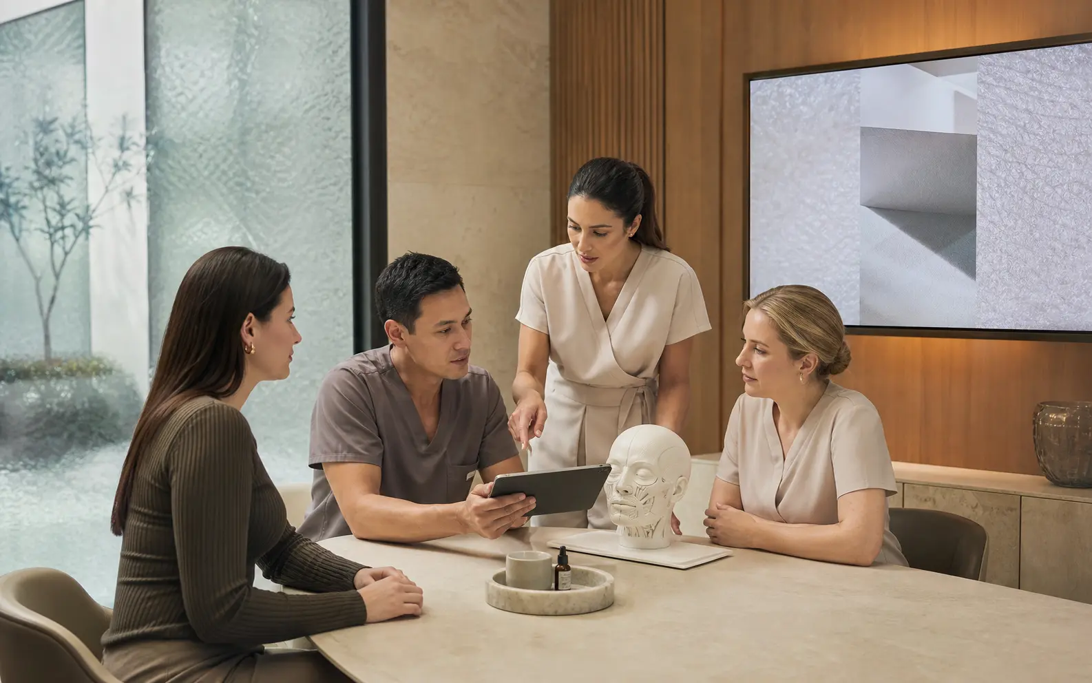 Aesthetic Center medical team reviewing a facial treatment plan with an adult patient