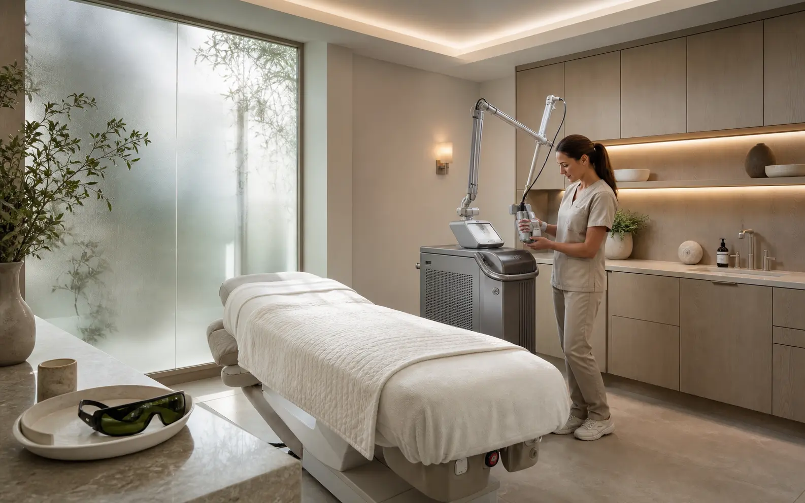 Aesthetic Center clinician checking equipment in a dedicated laser treatment suite